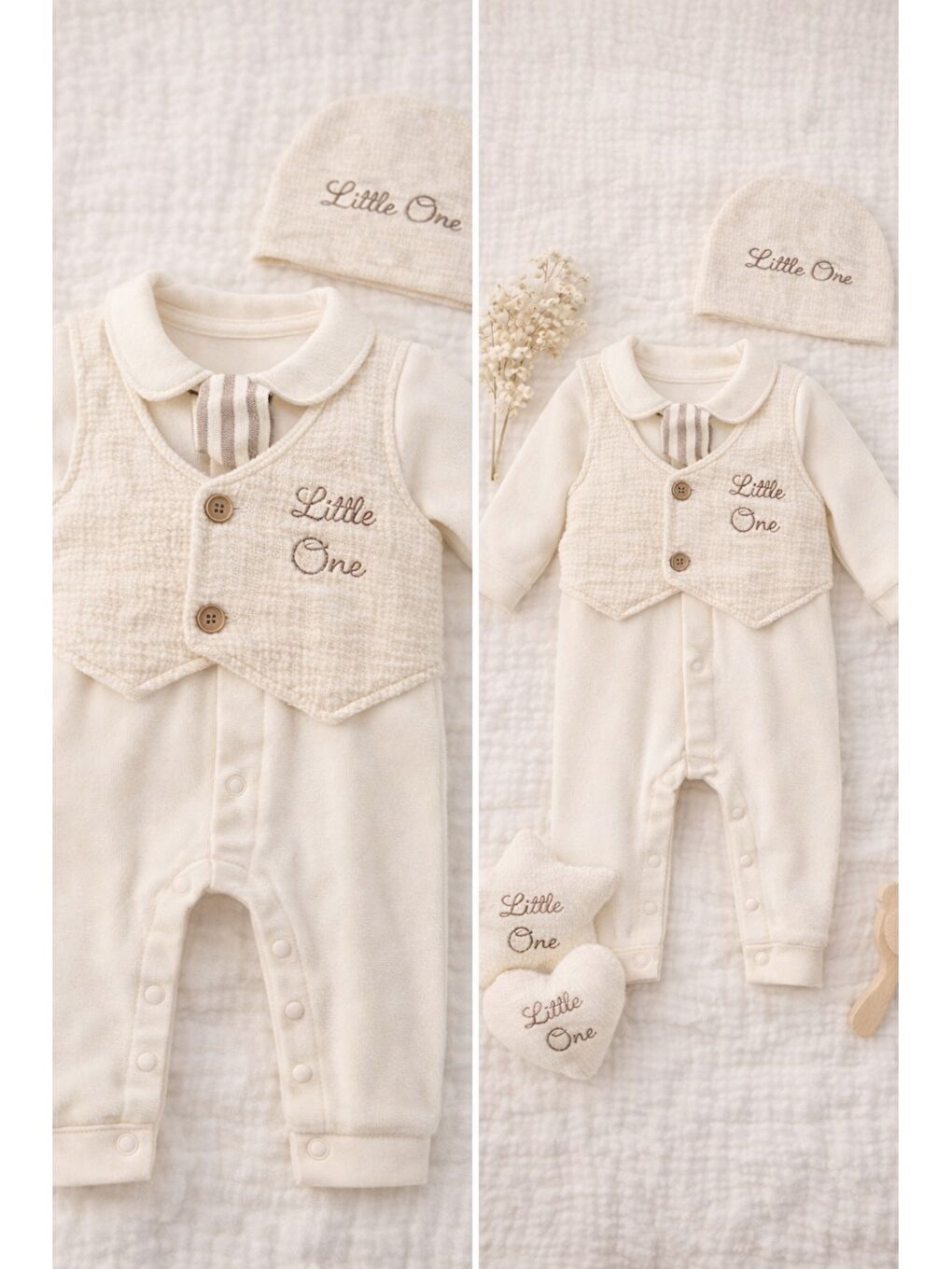 Ekru Erkek Bebek Kravatlı Pamuklu Little One yazılı Tulum Şapkalı 2li Takım Çıtçıtlı Bayramlık-2