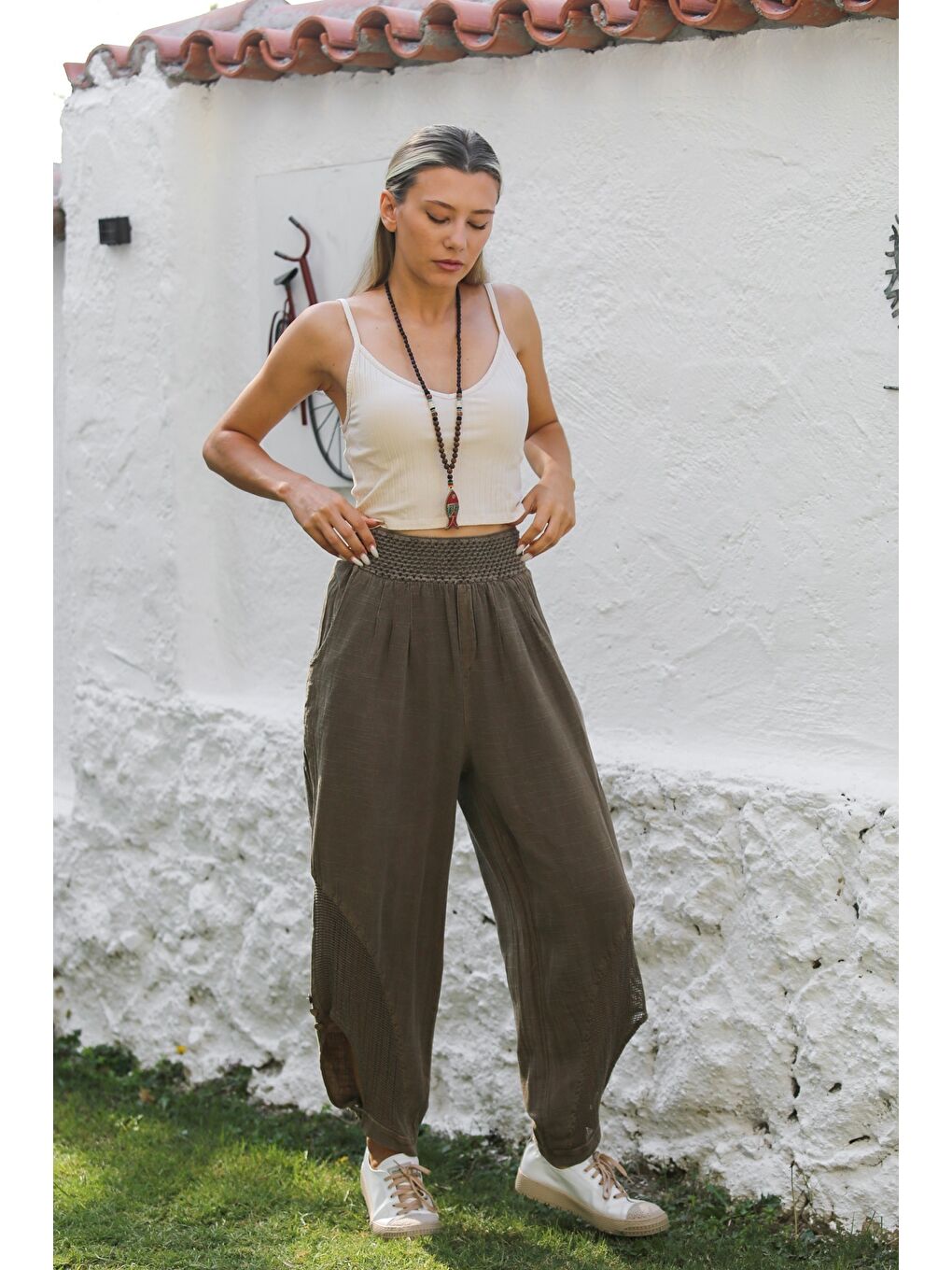 Chiccy Açık Kahve Cepli File Detaylı Yıkamalı Dokuma Lastikli Bel Jogger Paça Casual Pantolon-1