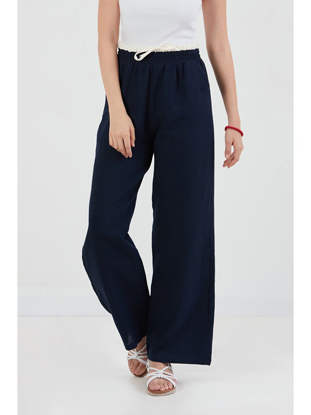 Lacivert Beli Lastikli Cepli Pantolon-1