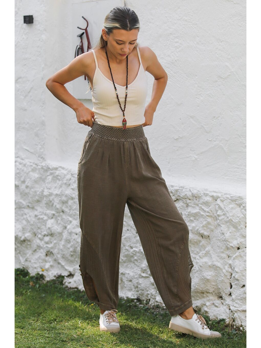 Kahverengi Açık Kahve Cepli File Detaylı Yıkamalı Dokuma Lastikli Bel Jogger Paça Casual Pantolon-2