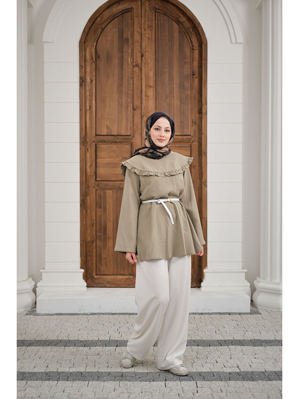 Kadın Fırfır Detay Dikiş Pensli Tunik Küf Yeşil-3