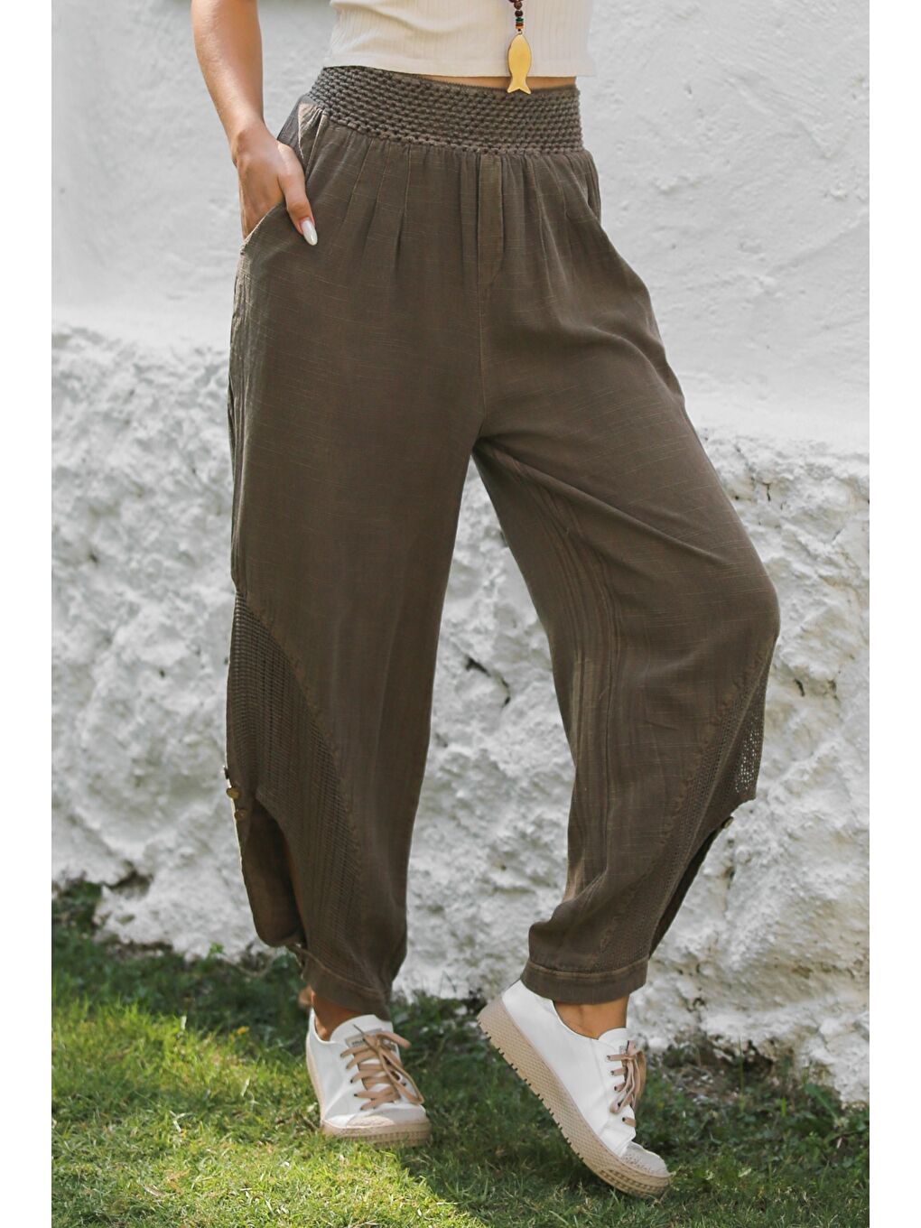 Kahverengi Açık Kahve Cepli File Detaylı Yıkamalı Dokuma Lastikli Bel Jogger Paça Casual Pantolon-3