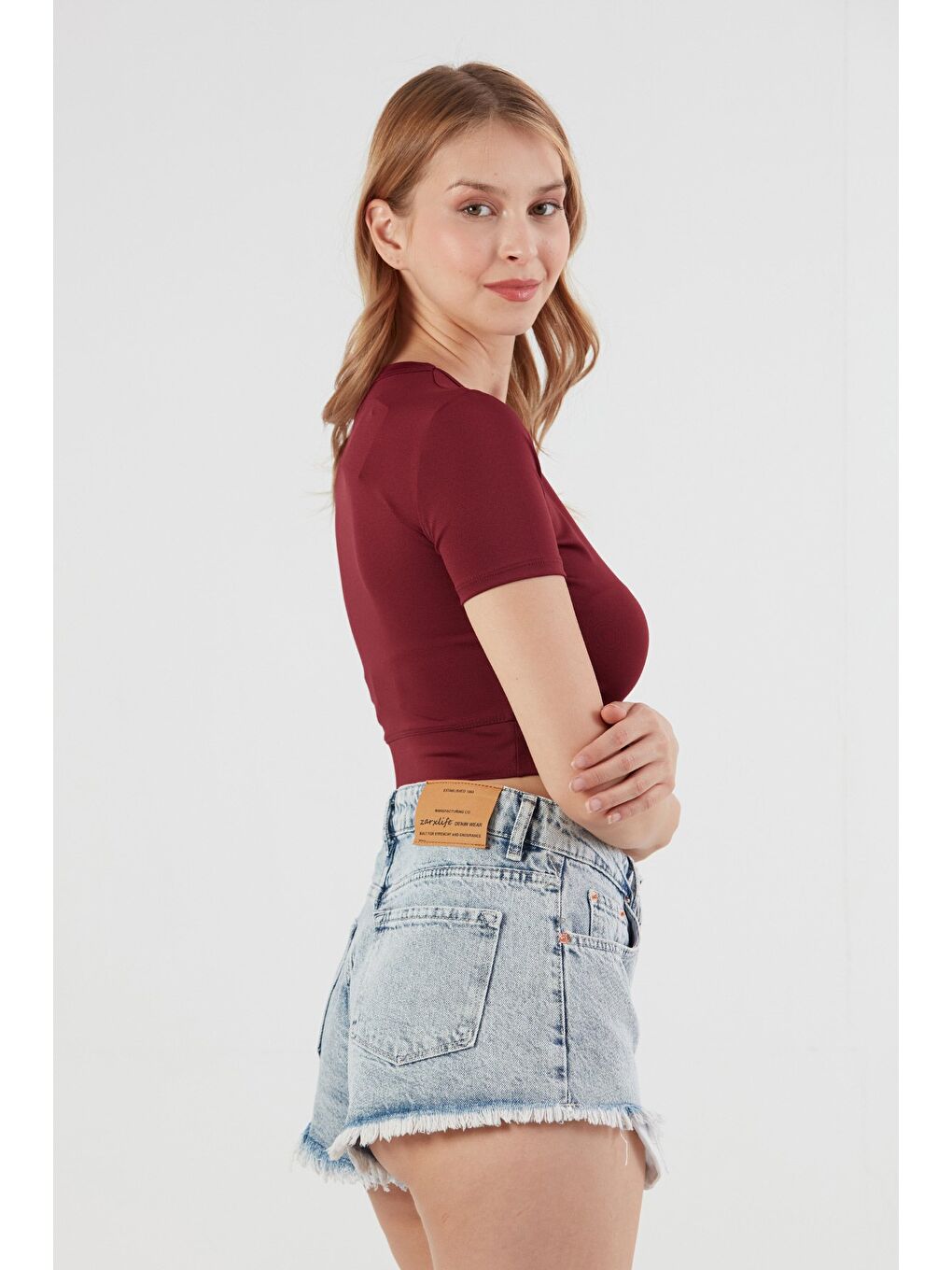 Bordo Basic Bisiklet Yaka Crop Tişört-2