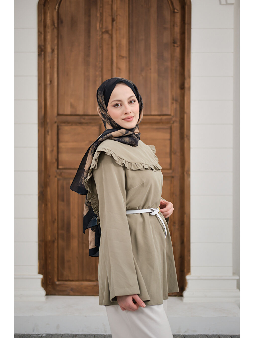 Kadın Fırfır Detay Dikiş Pensli Tunik Küf Yeşil-4