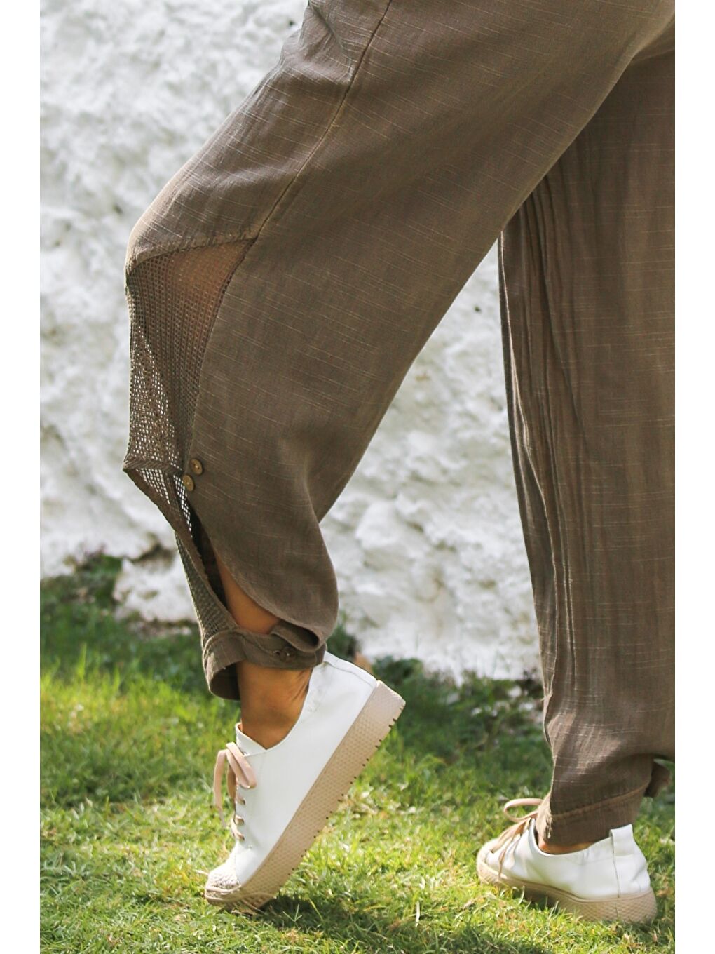 Kahverengi Açık Kahve Cepli File Detaylı Yıkamalı Dokuma Lastikli Bel Jogger Paça Casual Pantolon-4