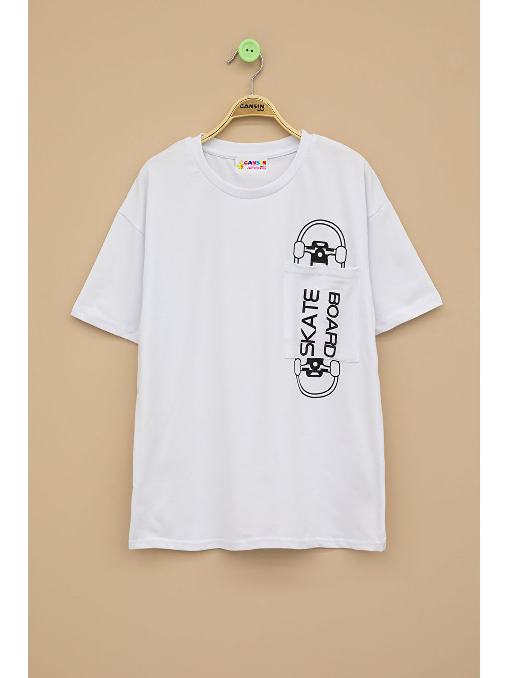 Ekru Skateboard Baskılı Cepli Erkek Çocuk Bisiklet Yaka Tişört 20912