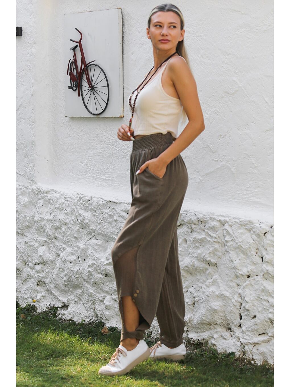 Kahverengi Açık Kahve Cepli File Detaylı Yıkamalı Dokuma Lastikli Bel Jogger Paça Casual Pantolon-5