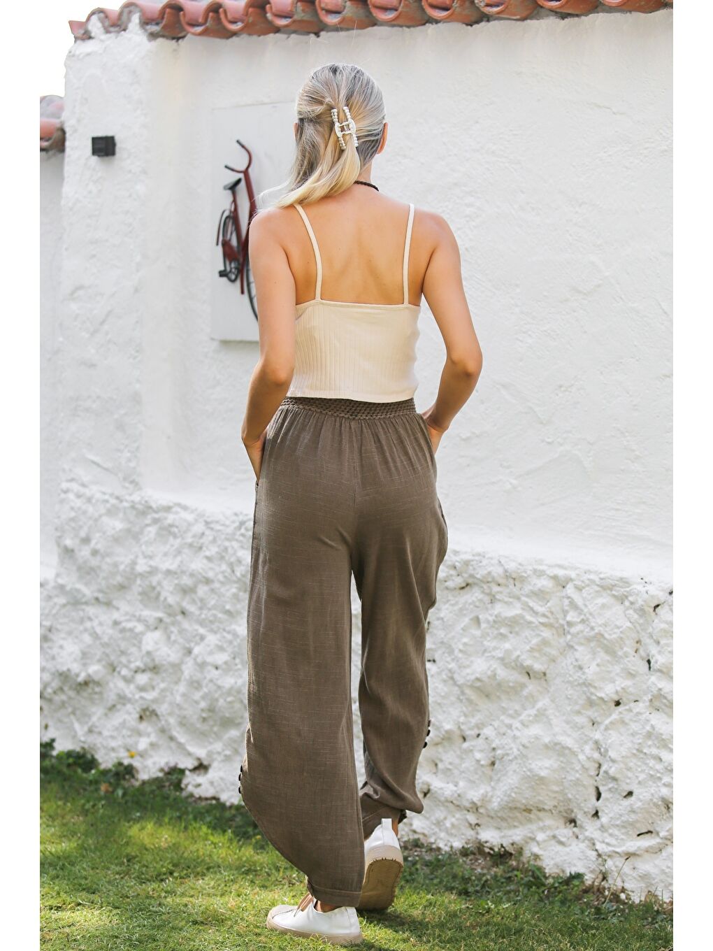 Kahverengi Açık Kahve Cepli File Detaylı Yıkamalı Dokuma Lastikli Bel Jogger Paça Casual Pantolon-6