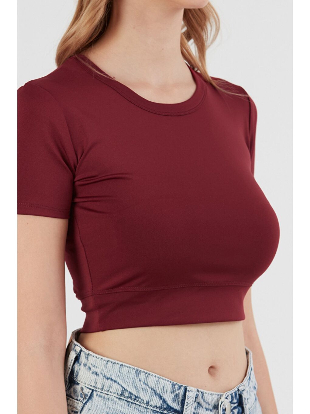 Bordo Basic Bisiklet Yaka Crop Tişört-4