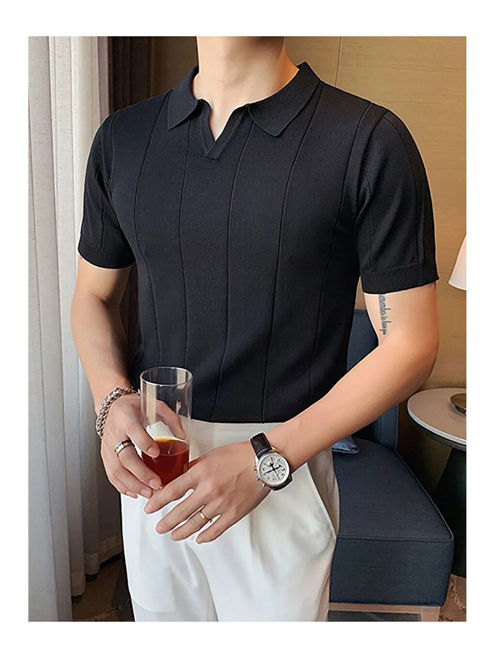 Siyah Erkek Çizgili Kısa Kollu Triko T-Shirt-1