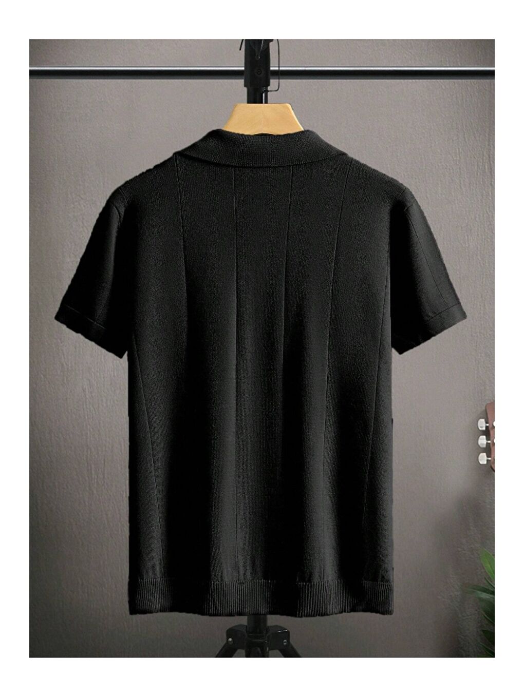 Siyah Erkek Çizgili Kısa Kollu Triko T-Shirt-2