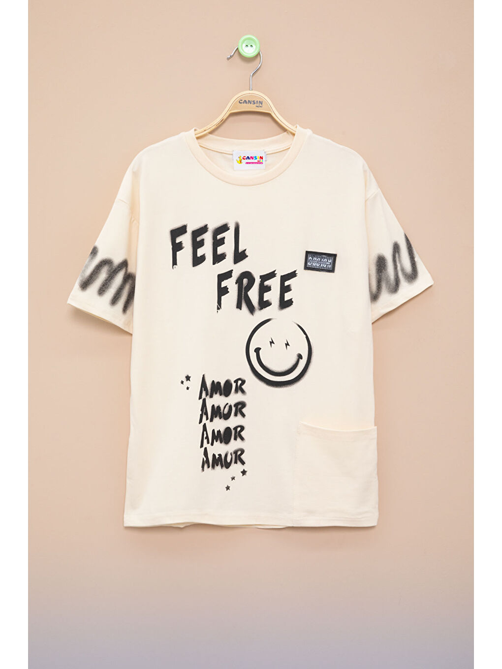 Ekru Krem Cep Detaylı Yazı Baskılı Erkek Çocuk Bisiklet Yaka Tişört 20907