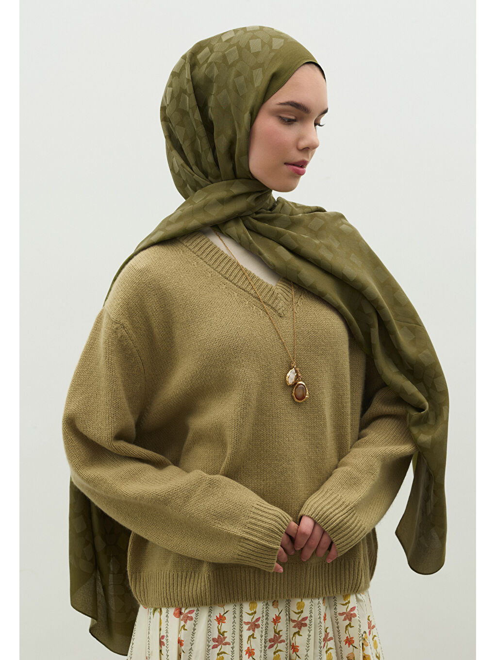 Yeşil OSLO PAMUK FLOŞ JAKARLI ŞAL ZEYTİN YEŞİLİ-1