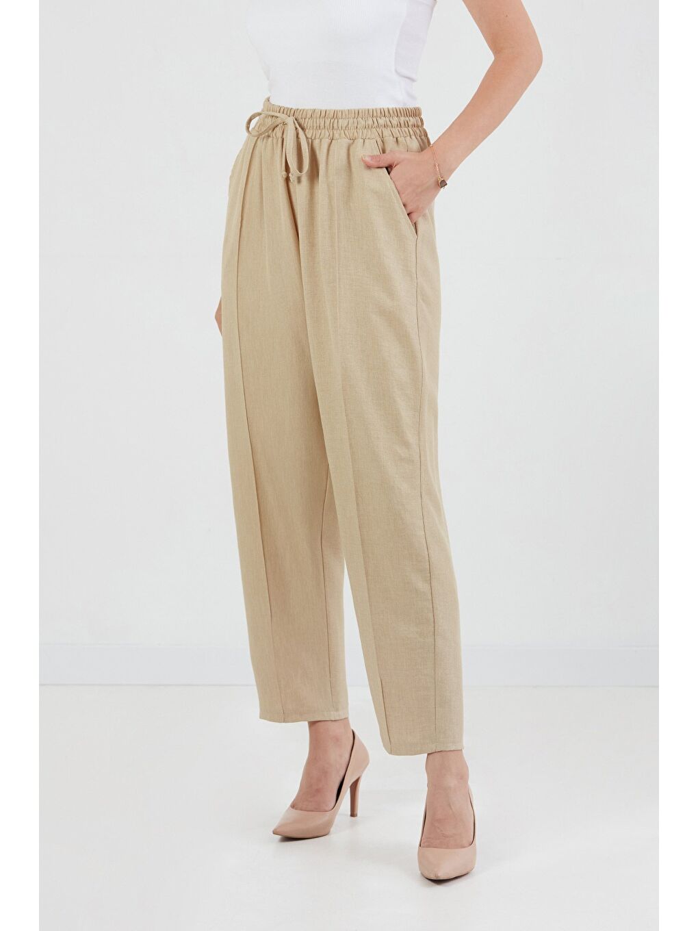 Bej Beli Bağlamalı Çimalı Keten Şalvar Pantolon-1