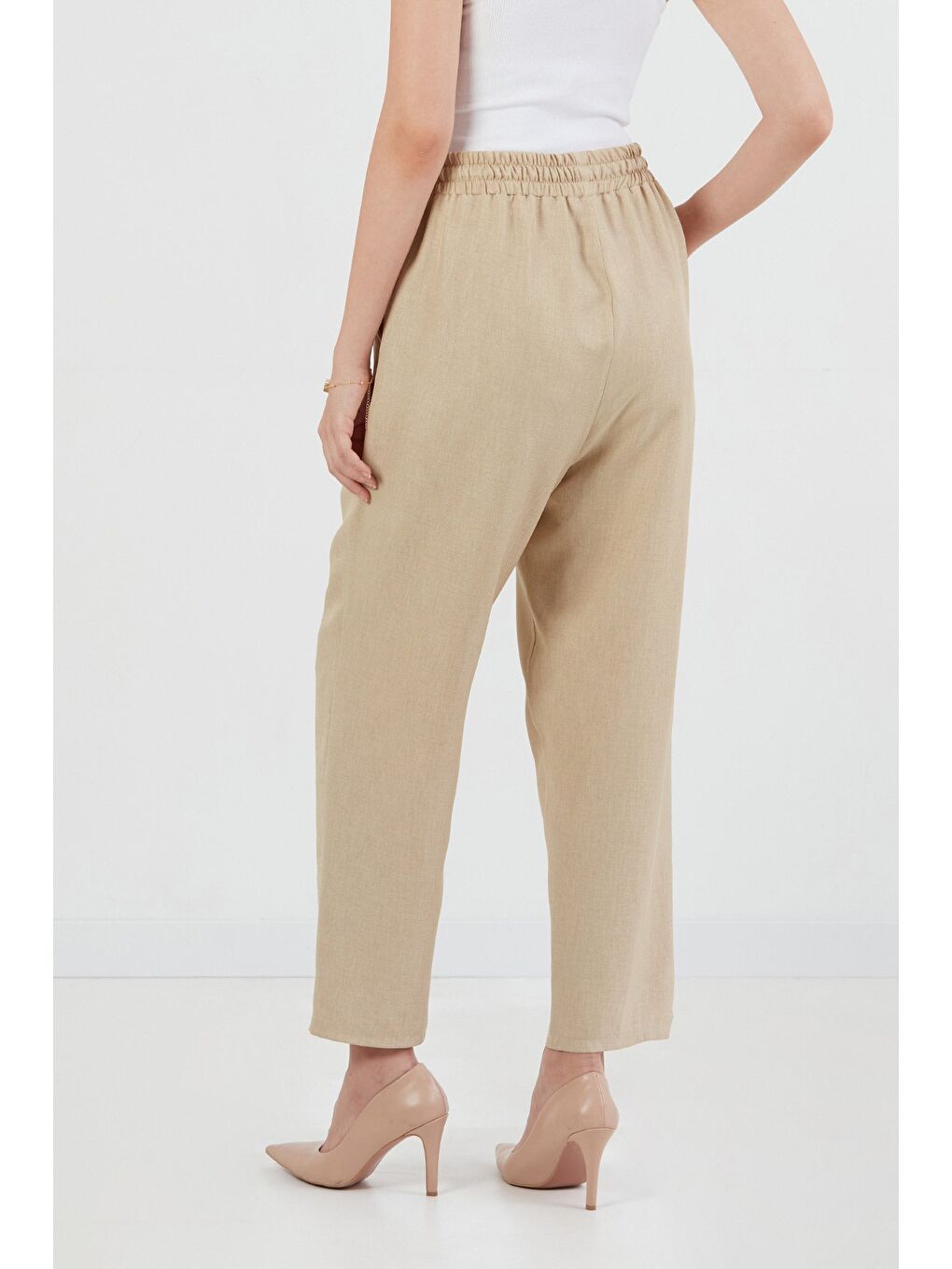 Bej Beli Bağlamalı Çimalı Keten Şalvar Pantolon-2