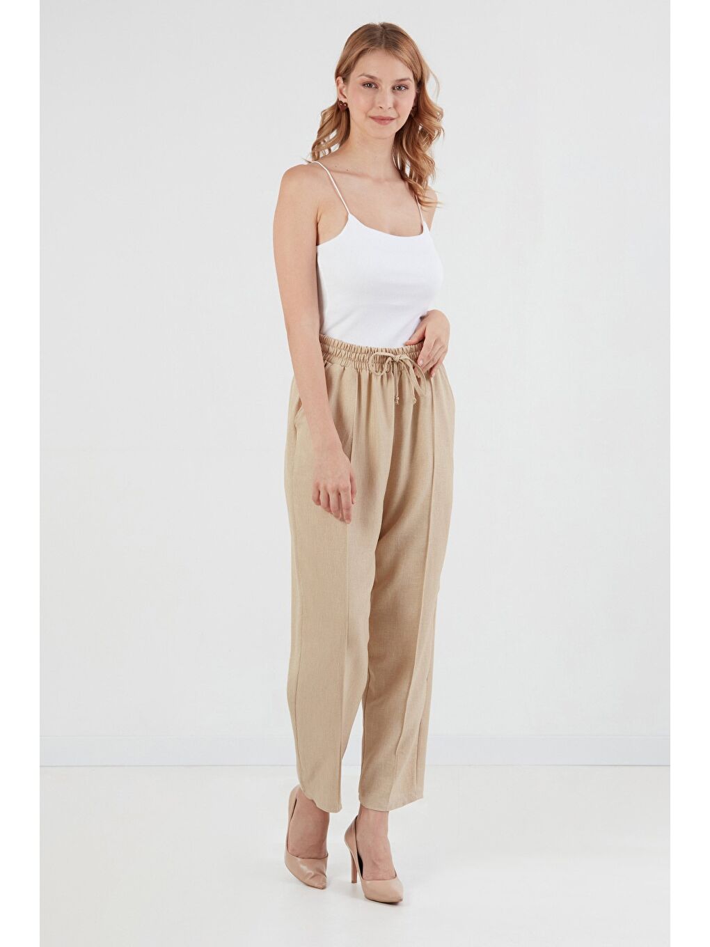 Bej Beli Bağlamalı Çimalı Keten Şalvar Pantolon-3