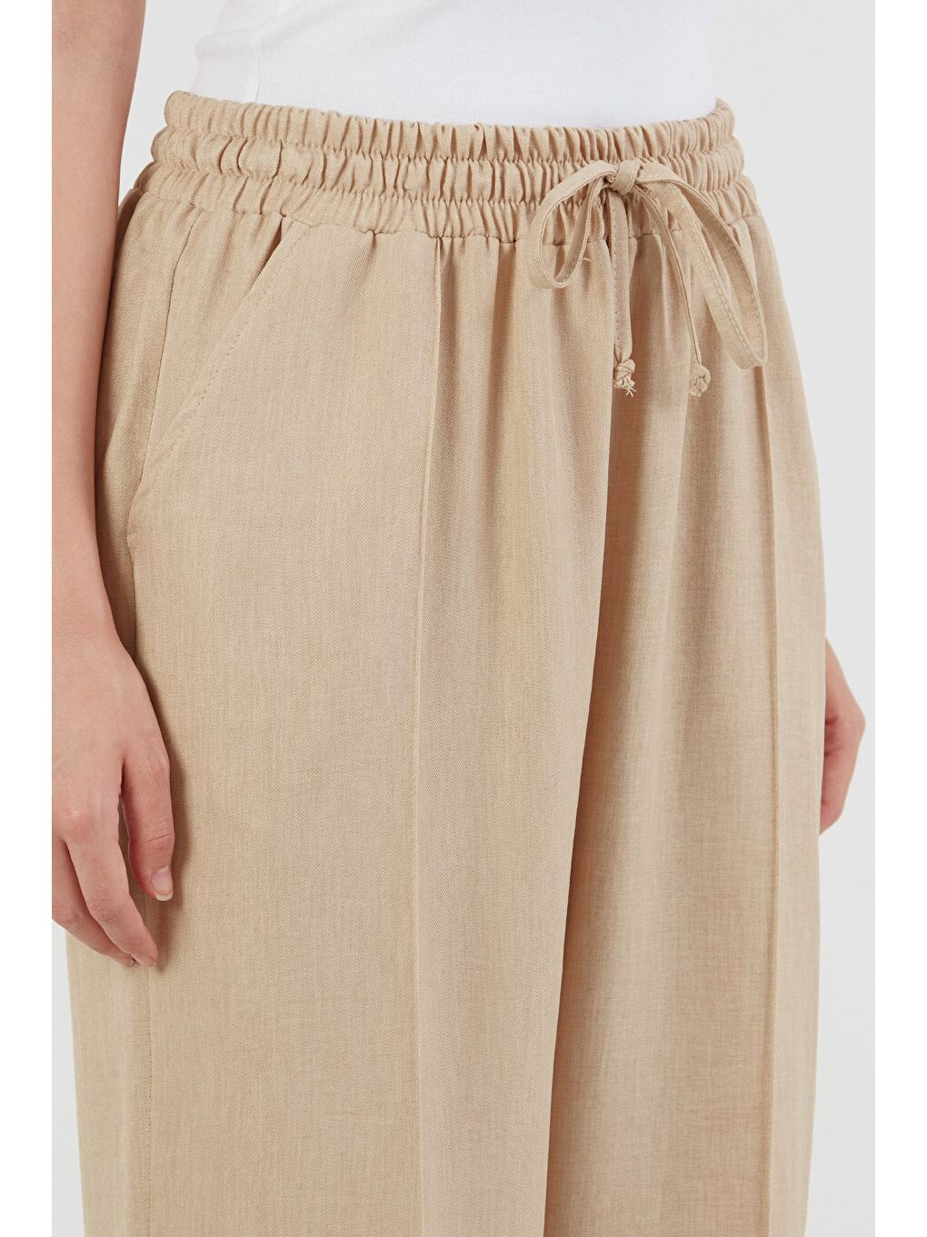 Bej Beli Bağlamalı Çimalı Keten Şalvar Pantolon-4