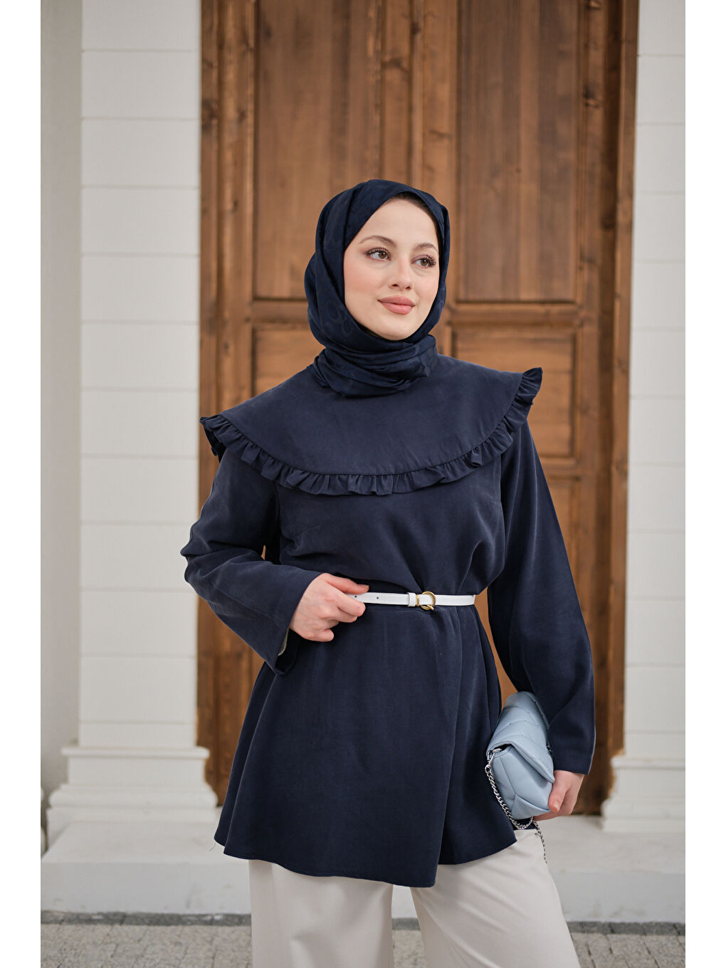 Kadın Fırfır Detay Dikiş Pensli Tunik Lacivert-2