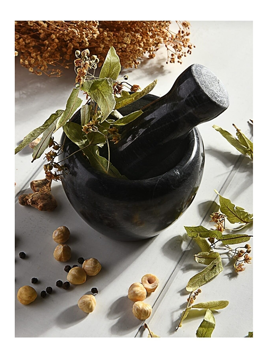 Doğal Desenli Yekpare Mermer Oyma Havan Siyah Renkli Düz Model-5