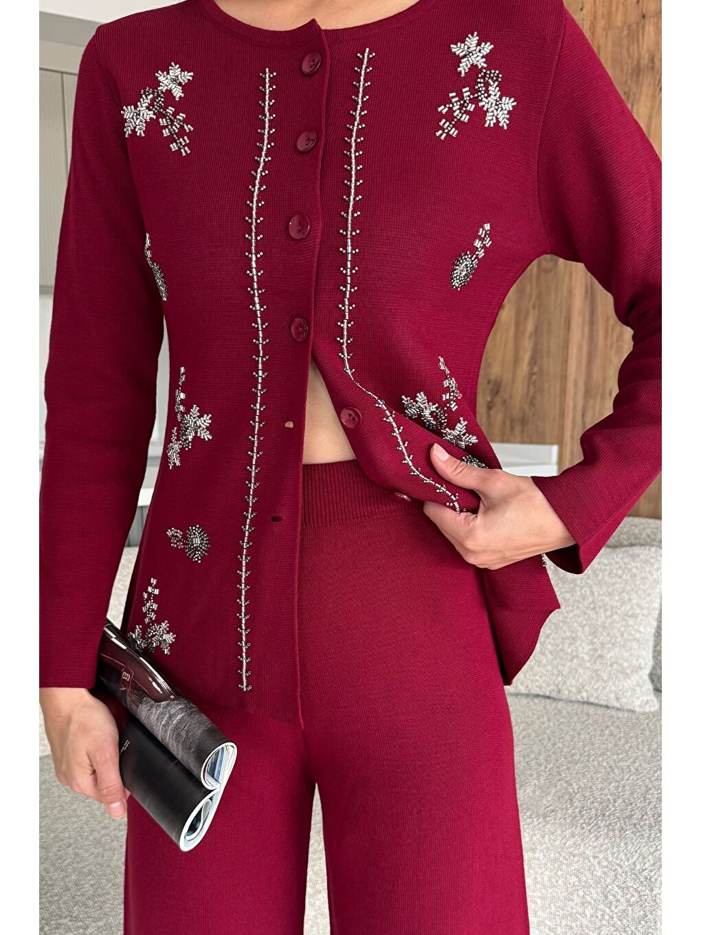 Bordo Kadın Taşlı Triko Hırka Pantolon İkili Takım-1