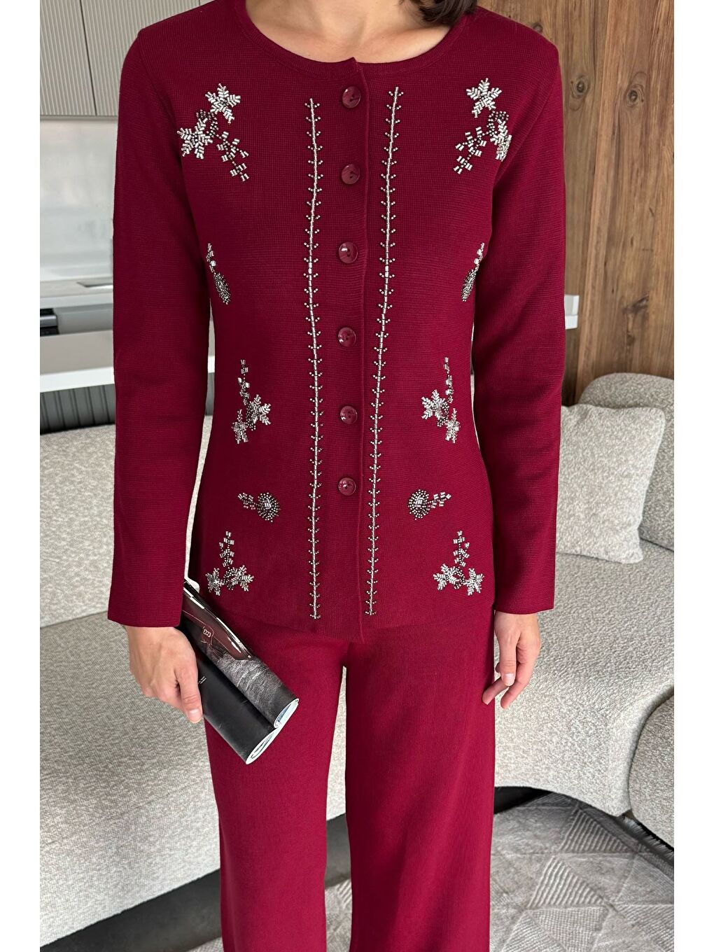 Bordo Kadın Taşlı Triko Hırka Pantolon İkili Takım-2