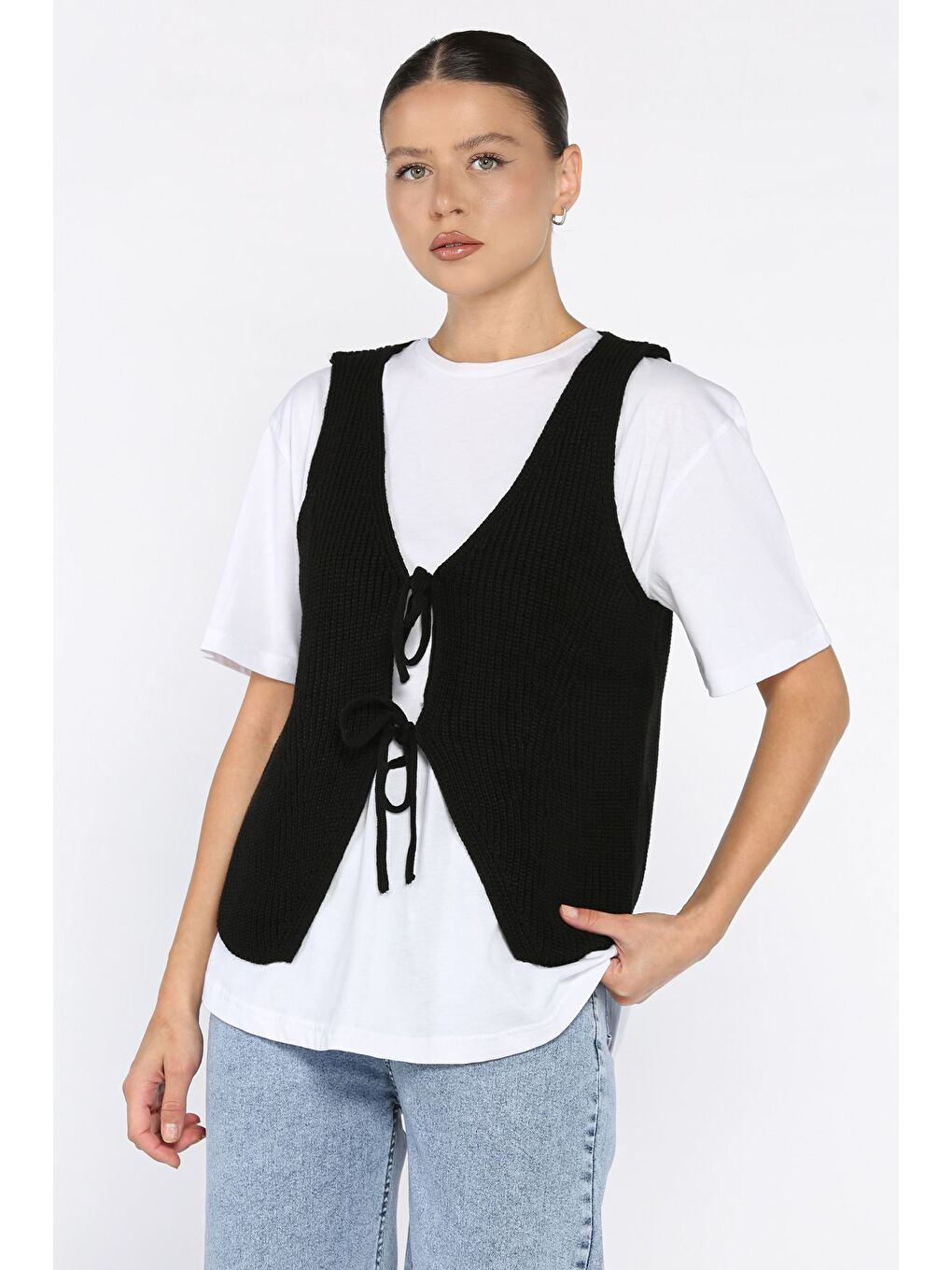 Siyah Kadın Ön Bağlamalı Triko Yelek (s-m-l-xl Uyumludur)