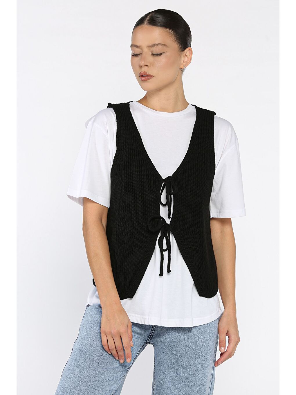 Siyah Kadın Ön Bağlamalı Triko Yelek (s-m-l-xl Uyumludur)-1