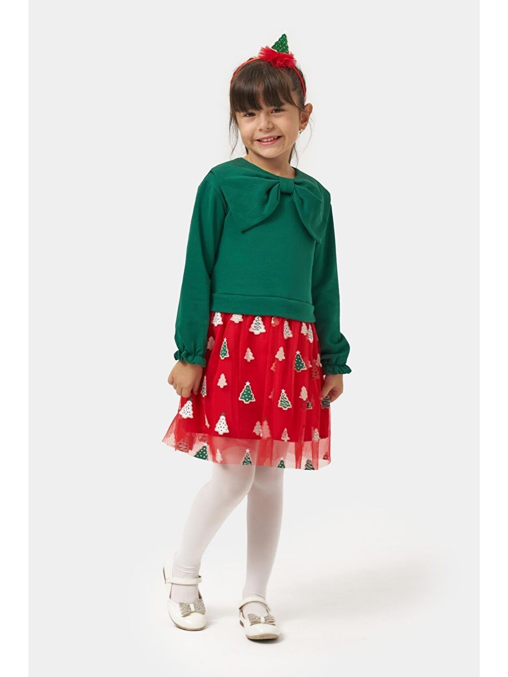 Kız Çocuk Pamuklu Yeşil Fiyonklu Uzun Kollu Kırmızı Ağaç Desenli Tüllü Elbise - Yılbaşı Konseptli-1