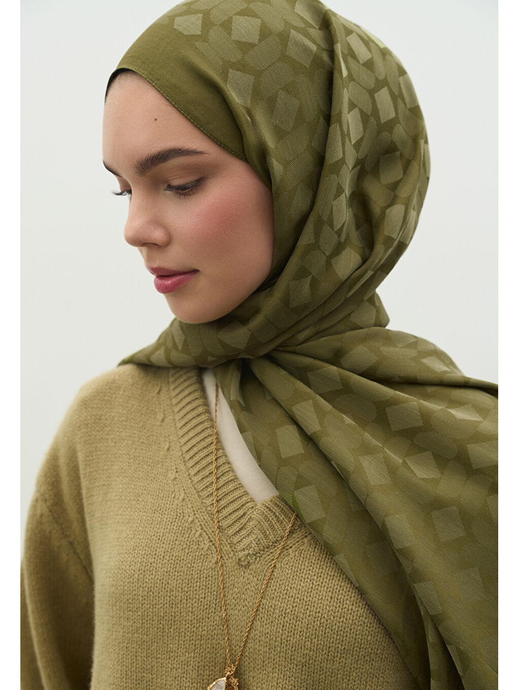 Yeşil OSLO PAMUK FLOŞ JAKARLI ŞAL ZEYTİN YEŞİLİ-2
