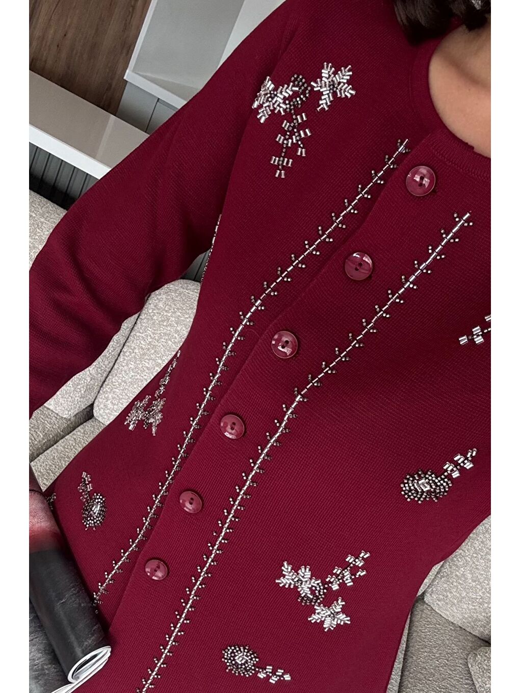 Bordo Kadın Taşlı Triko Hırka Pantolon İkili Takım-3