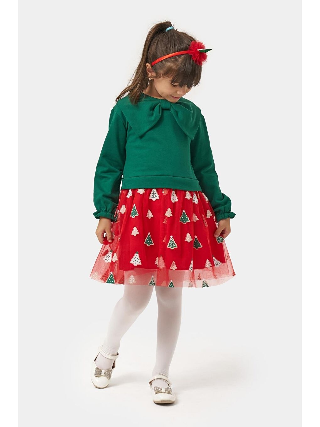 Kız Çocuk Pamuklu Yeşil Fiyonklu Uzun Kollu Kırmızı Ağaç Desenli Tüllü Elbise - Yılbaşı Konseptli-2
