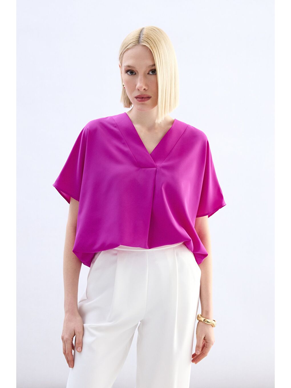 Geniş Kısa Kollu Bluz - Fuşya-1