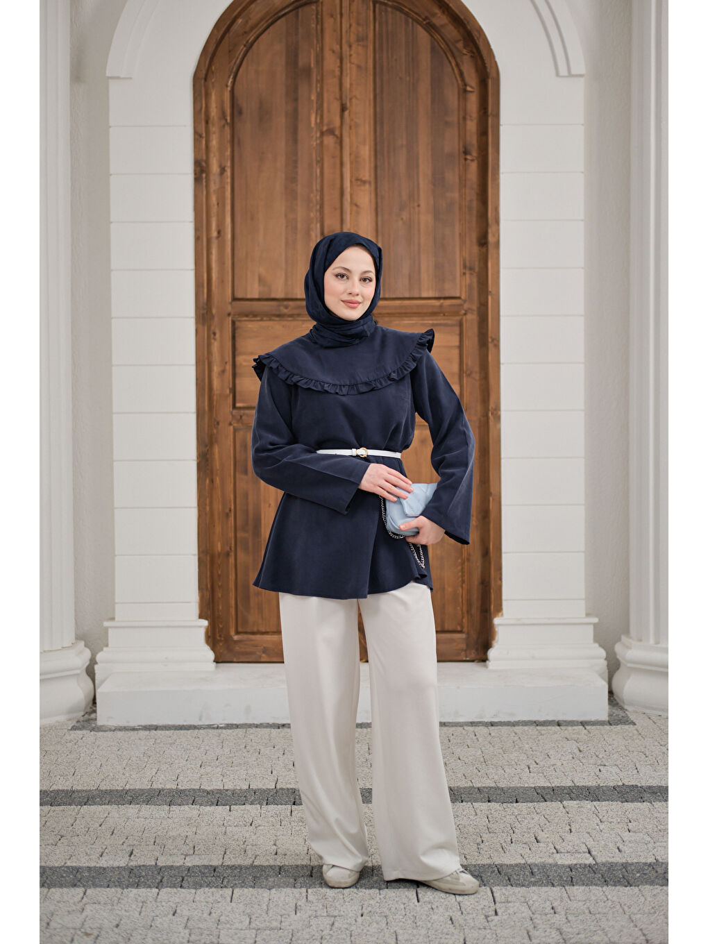 Kadın Fırfır Detay Dikiş Pensli Tunik Lacivert-4