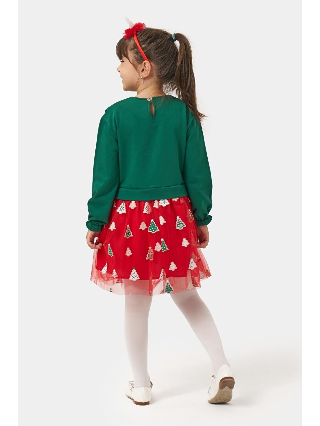 Kız Çocuk Pamuklu Yeşil Fiyonklu Uzun Kollu Kırmızı Ağaç Desenli Tüllü Elbise - Yılbaşı Konseptli-3
