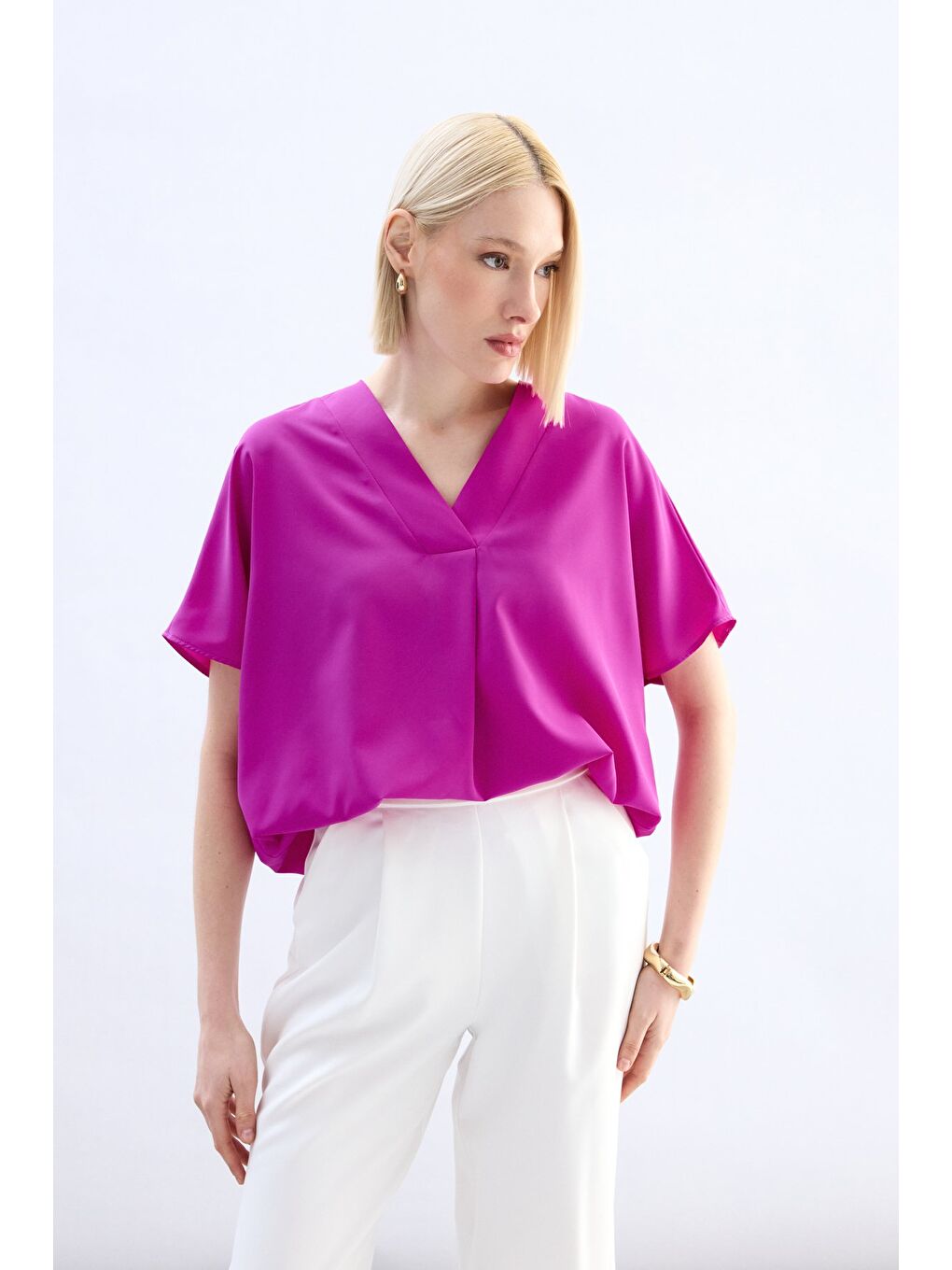 Geniş Kısa Kollu Bluz - Fuşya-2