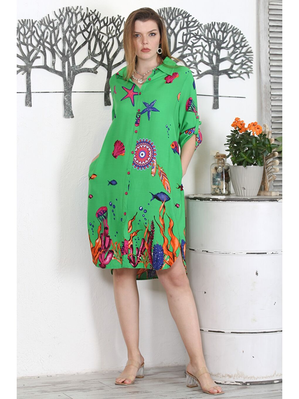 Yeşil Gömlek Yaka Düğmeli Uzun Kollu Düğmeli Gizli Cepli Empirme Baskılı Casual Dokuma Elbise