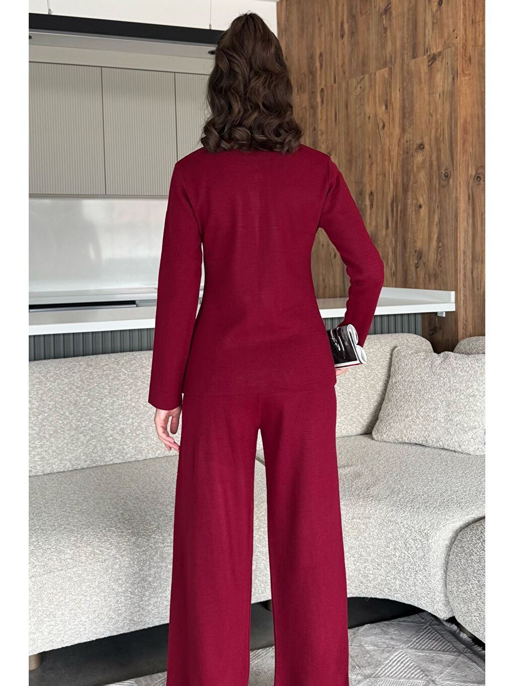 Bordo Kadın Taşlı Triko Hırka Pantolon İkili Takım-4