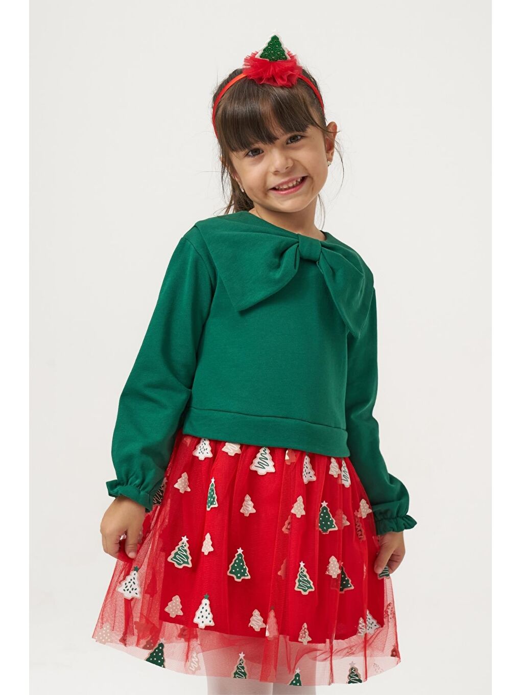 Kız Çocuk Pamuklu Yeşil Fiyonklu Uzun Kollu Kırmızı Ağaç Desenli Tüllü Elbise - Yılbaşı Konseptli-4