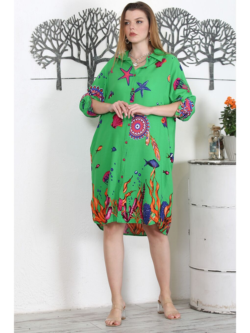 Yeşil Gömlek Yaka Düğmeli Uzun Kollu Düğmeli Gizli Cepli Empirme Baskılı Casual Dokuma Elbise-1