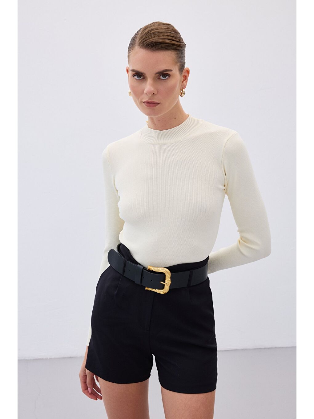 Yarım Balıkçı Triko Bluz - Ekru-2