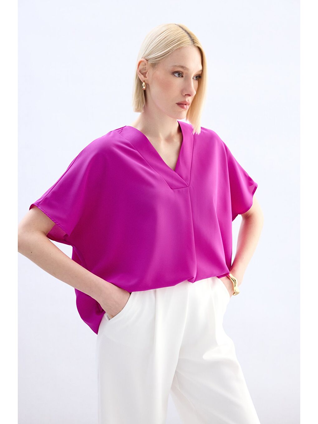 Geniş Kısa Kollu Bluz - Fuşya-3