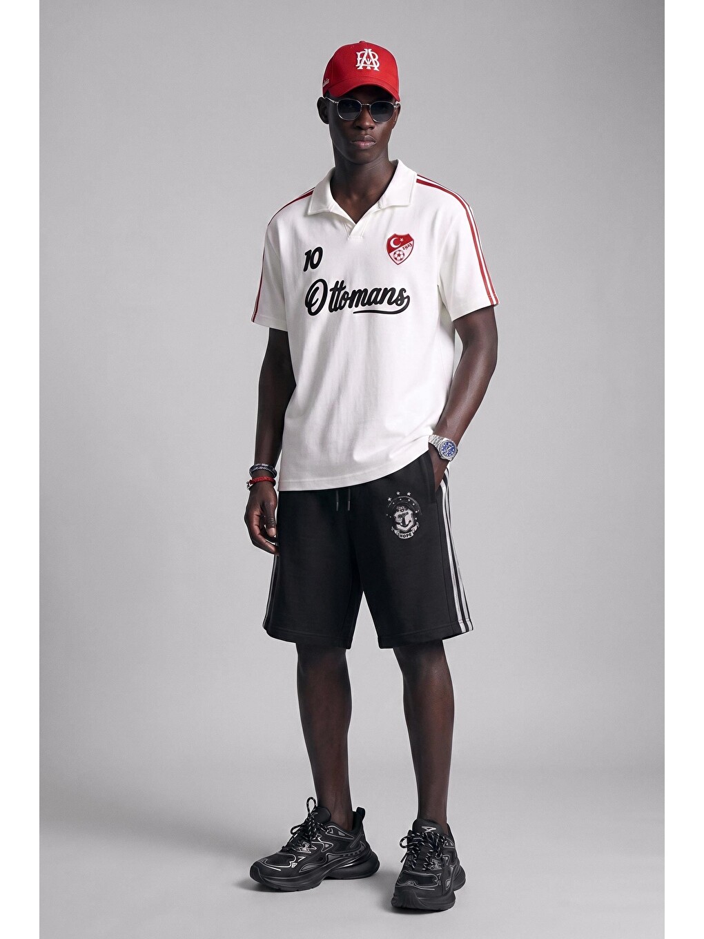 Erkek Oversize Ay Yıldız Detaylı Polo Yaka Forma T-shirt Ekru-2