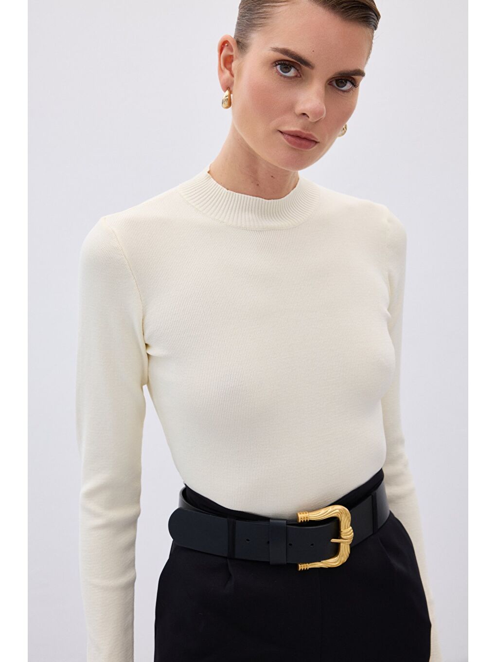 Yarım Balıkçı Triko Bluz - Ekru-3