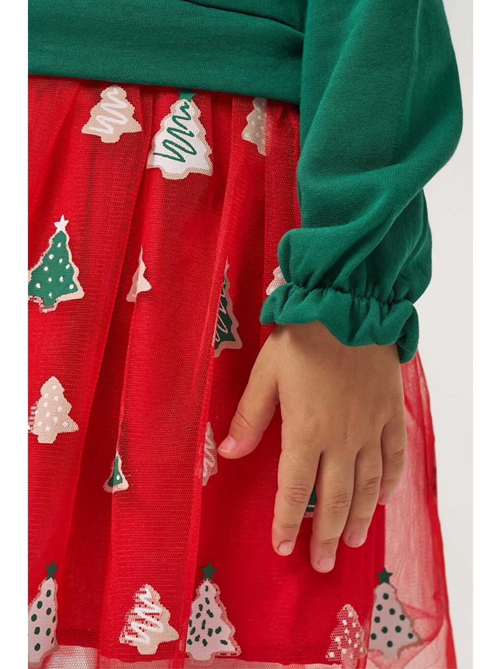 Kız Çocuk Pamuklu Yeşil Fiyonklu Uzun Kollu Kırmızı Ağaç Desenli Tüllü Elbise - Yılbaşı Konseptli-5