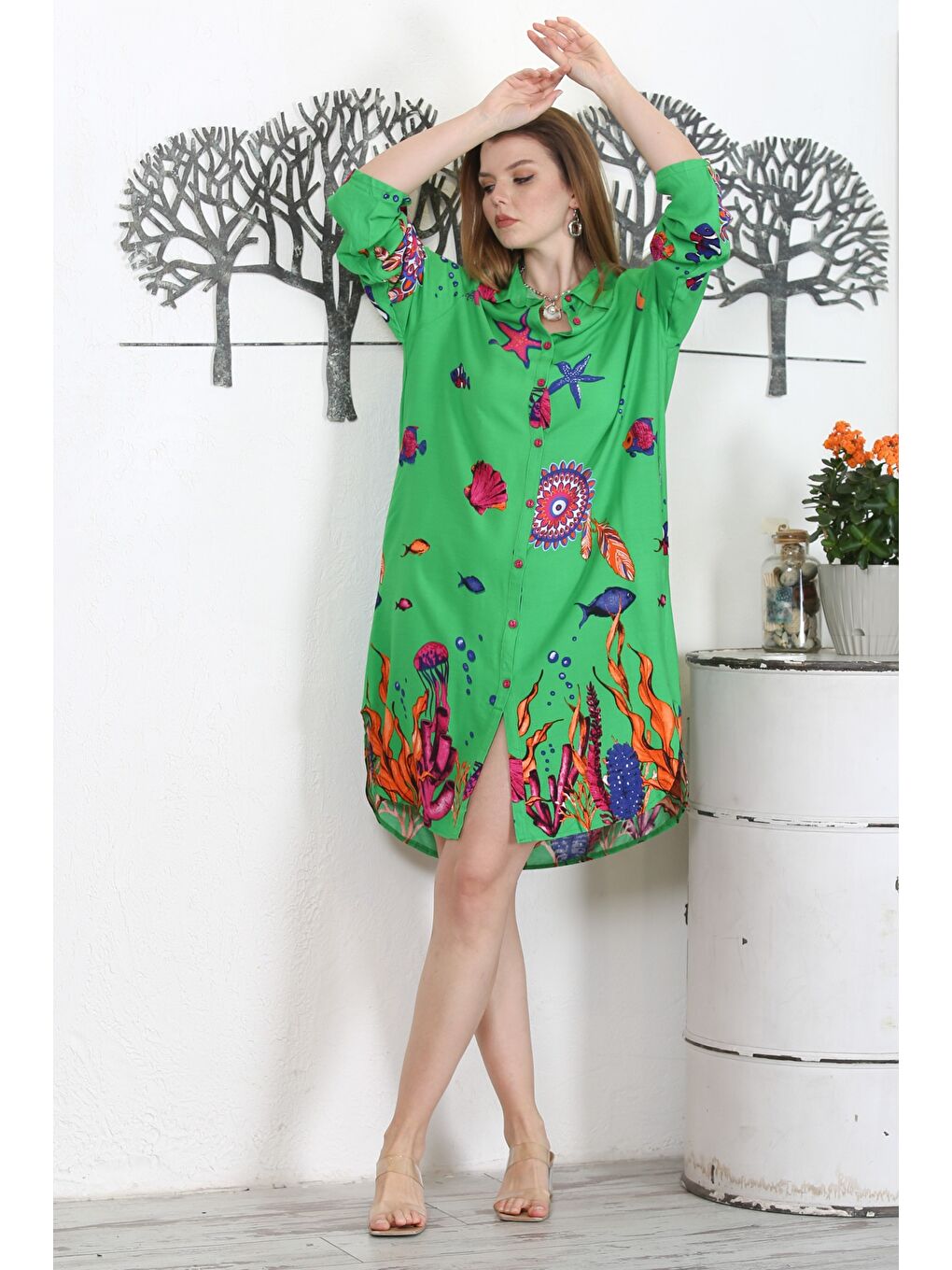 Yeşil Gömlek Yaka Düğmeli Uzun Kollu Düğmeli Gizli Cepli Empirme Baskılı Casual Dokuma Elbise-4