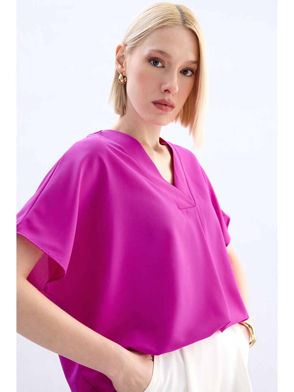 Geniş Kısa Kollu Bluz - Fuşya-4