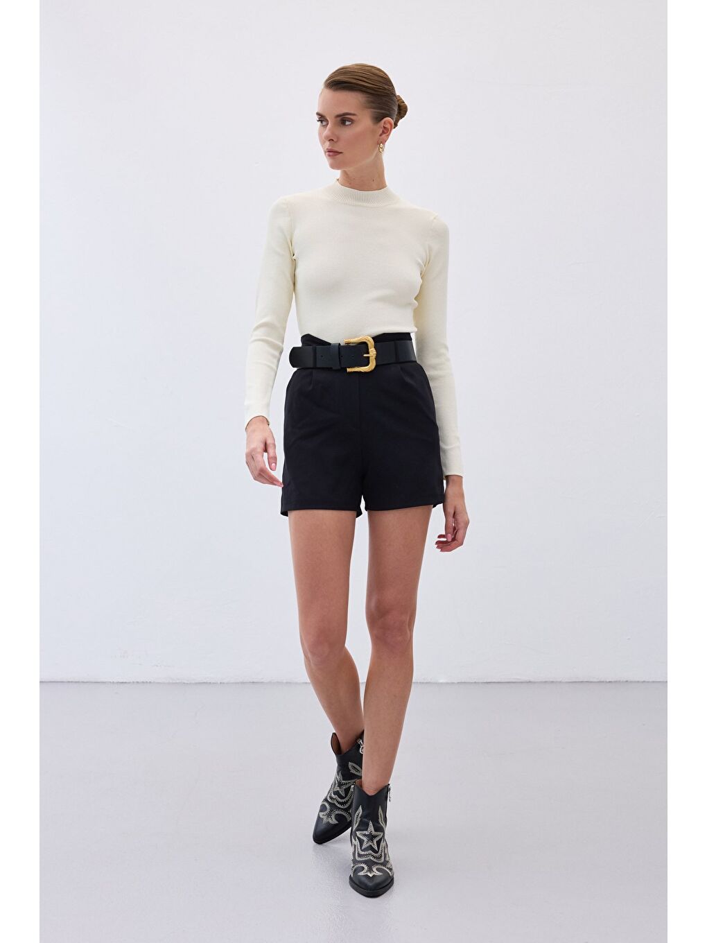 Yarım Balıkçı Triko Bluz - Ekru-4