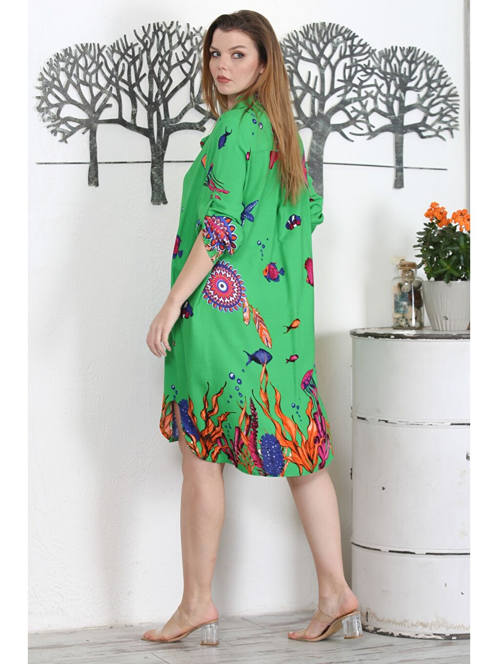 Yeşil Gömlek Yaka Düğmeli Uzun Kollu Düğmeli Gizli Cepli Empirme Baskılı Casual Dokuma Elbise-5