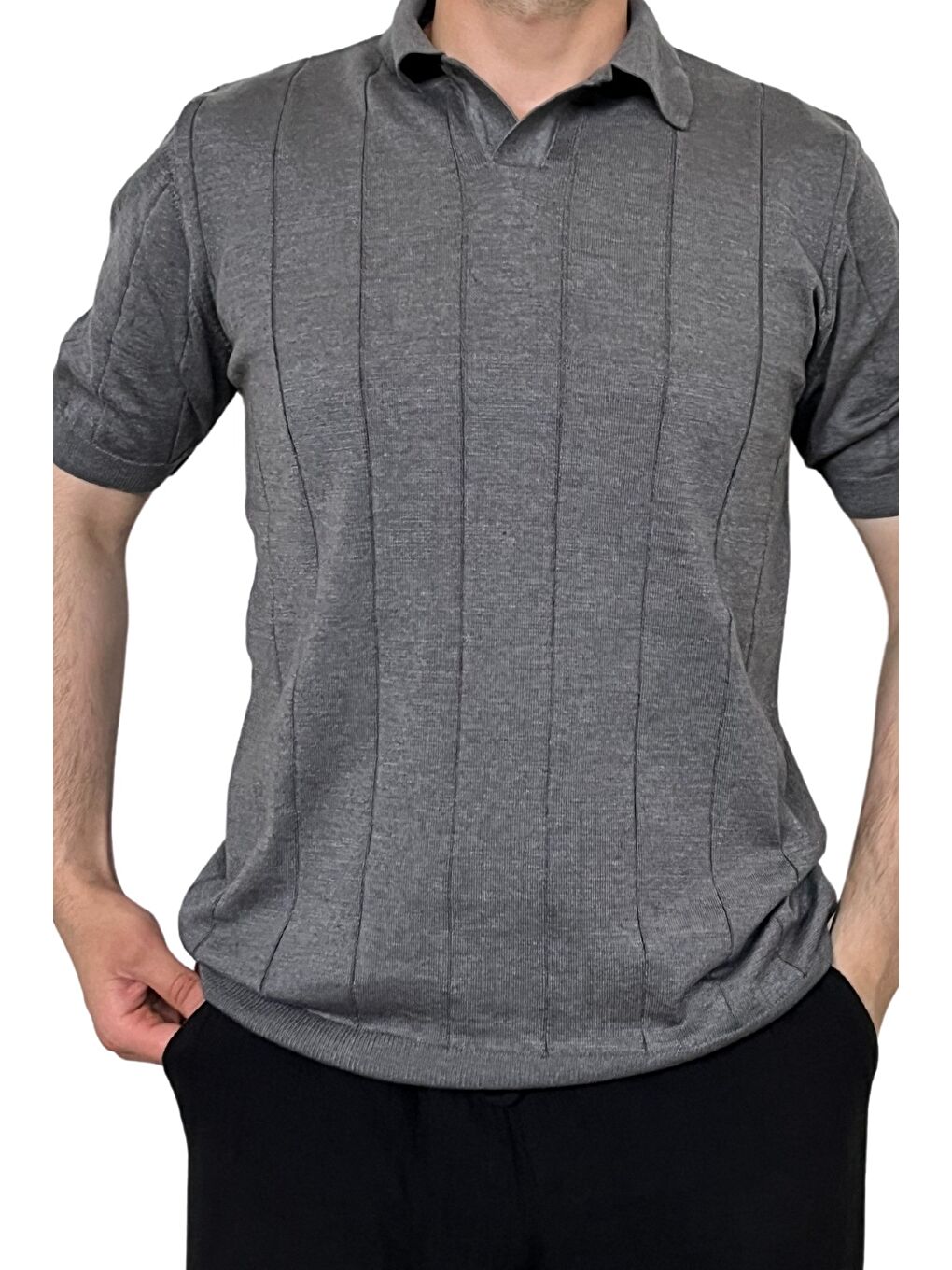 Gri Erkek Çizgili Kısa Kollu Triko T-Shirt