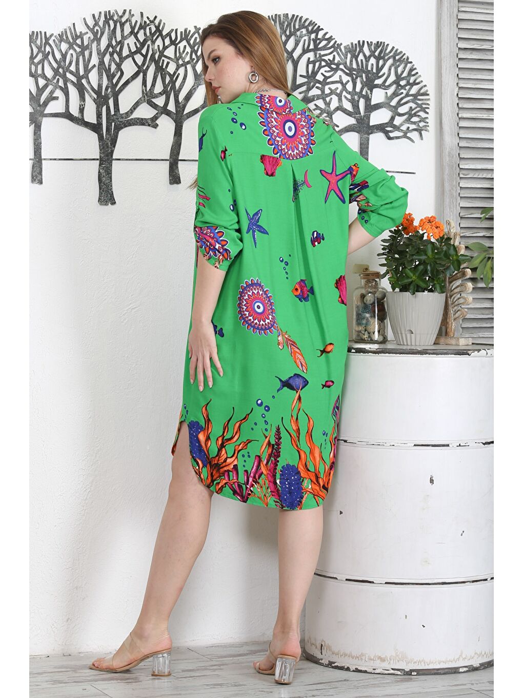 Yeşil Gömlek Yaka Düğmeli Uzun Kollu Düğmeli Gizli Cepli Empirme Baskılı Casual Dokuma Elbise-6